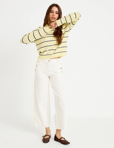 Pantalon taille haute velours ecru femme