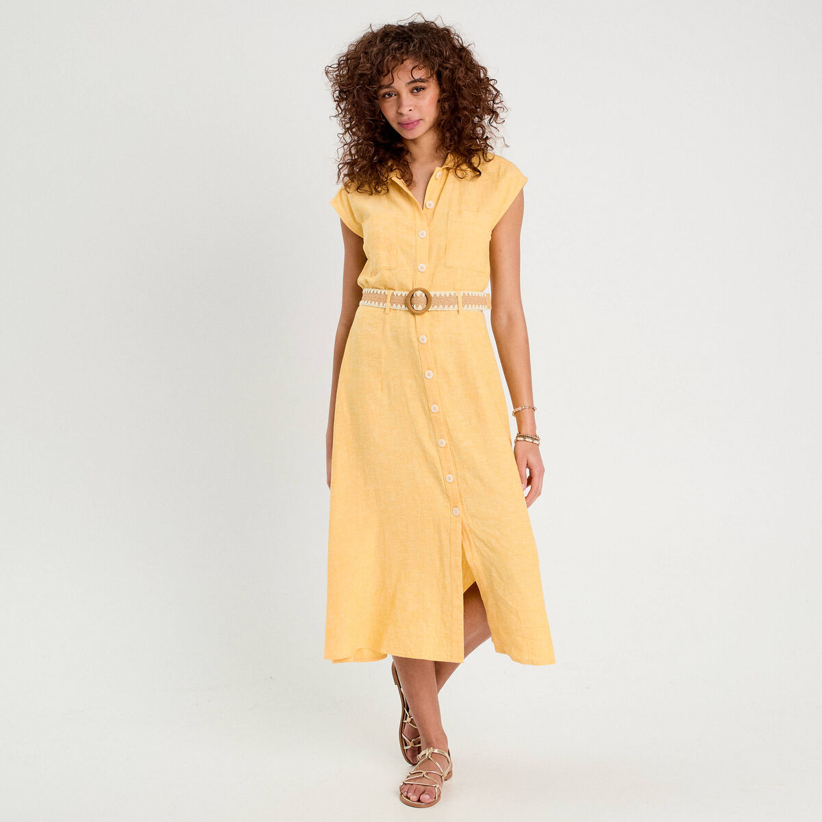 Robe chemise midi contenant du lin jaune femme