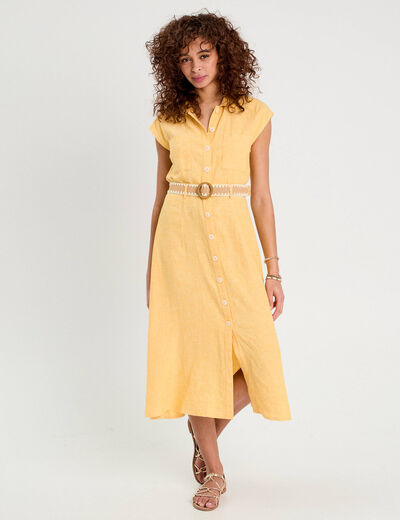 Robe chemise midi contenant du lin jaune femme