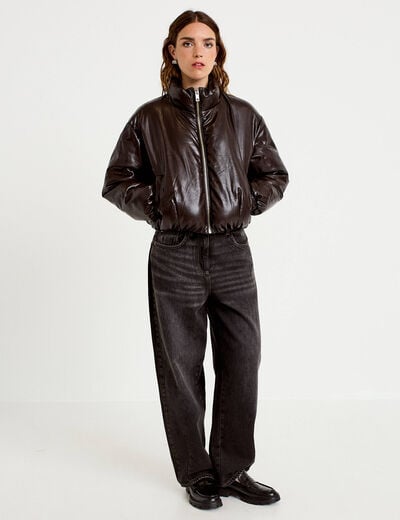 Doudoune cropped similicuir col montant marron fonc&eacute; femme