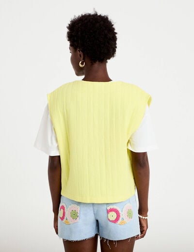 Gilet barman ample cropped pliss&eacute; jaune citron femme