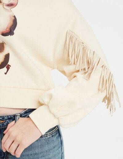 Sweat avec franges ecru femme