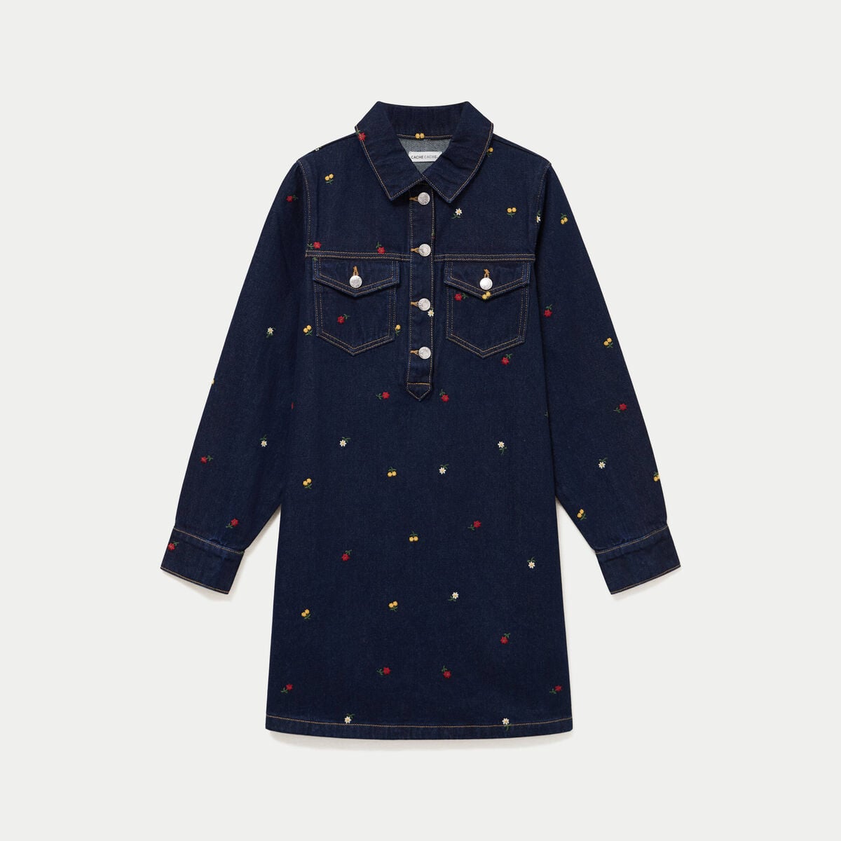 Robe courte droite en jean brod&eacute;e bleu marine femme