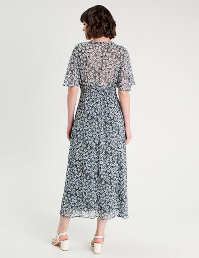 Robe longue évasée col en V bleu femme