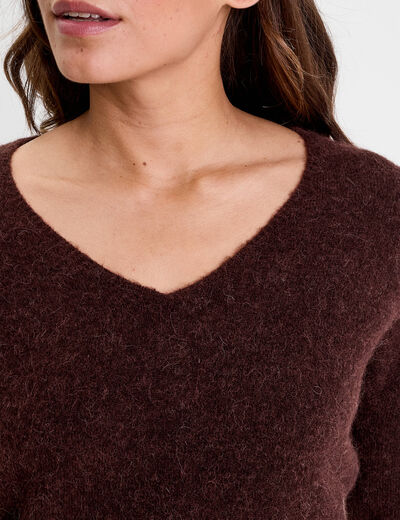 Pull avec col en V marron foncé femme