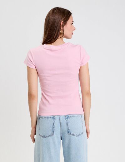 Top ajusté col rond manches courtes rose poudrée femme