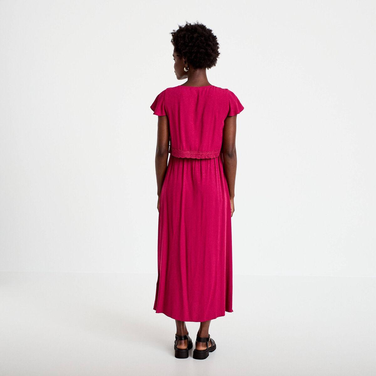 Robe longue droite col v manches courtes rouge femme