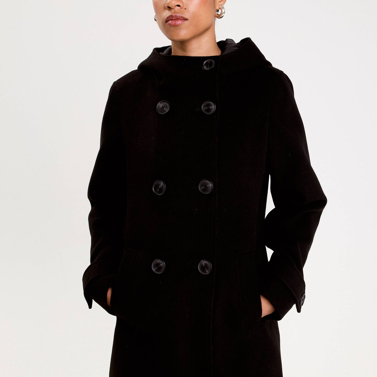 Manteau ajust&eacute; 3/4 &agrave; capuche noir femme
