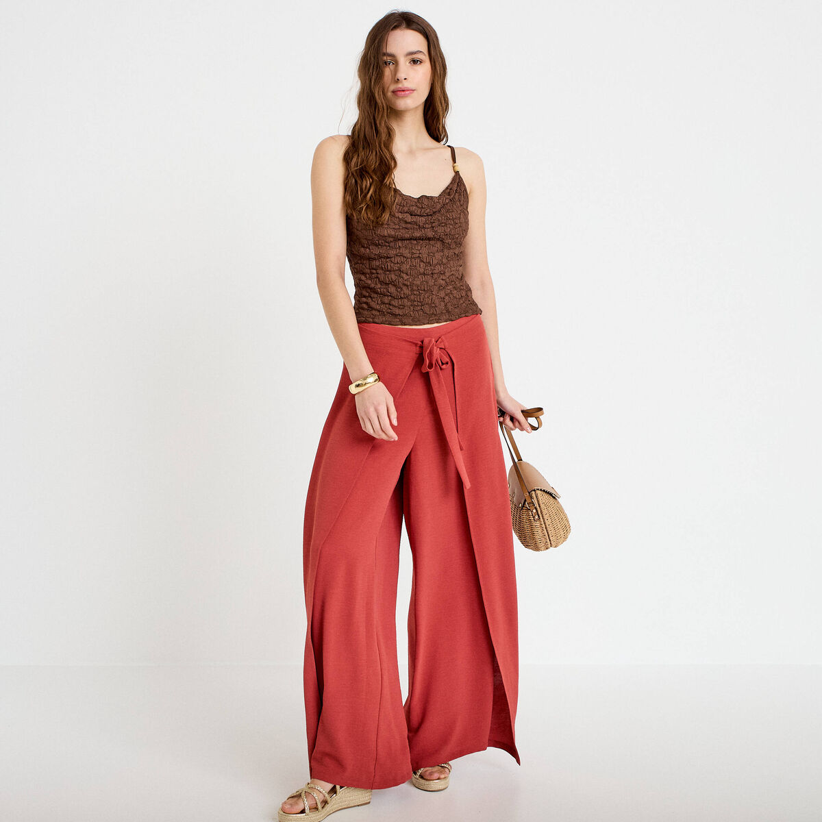 Pantalon large taille haute fluide vieux rose femme