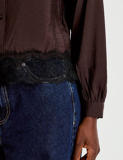 Chemise droite manches longues dentelle marron fonc&eacute; femme