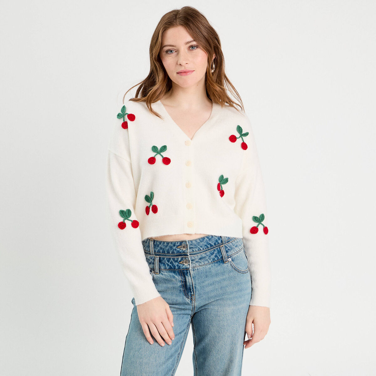 Gilet court brodé ecru femme