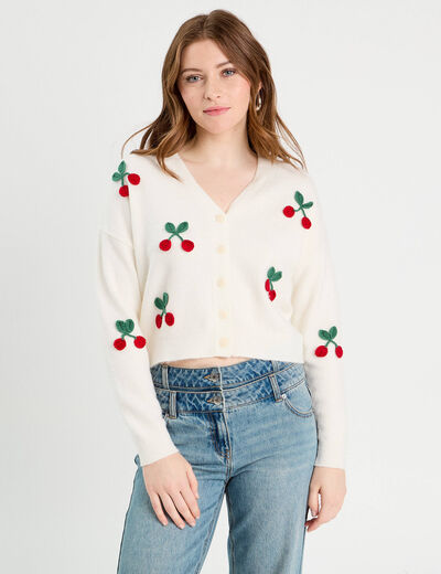 Gilet court brodé ecru femme