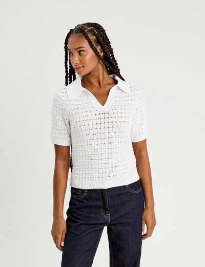 Polo manches courtes ajouré blanc femme