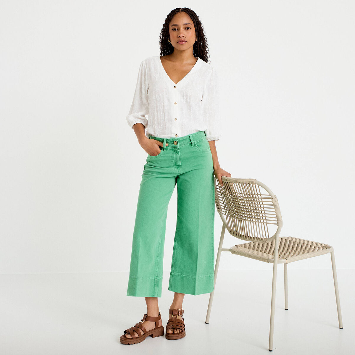 Jean wide leg cropped taille haute vert femme