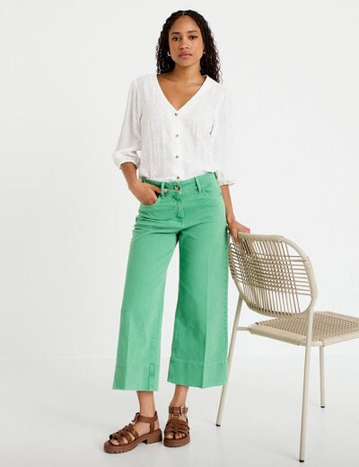 Jean wide leg cropped taille haute vert femme