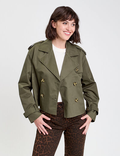 Trench court boutonné vert kaki femme
