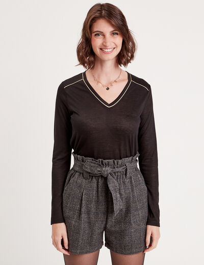 T-shirt col en V avec liserés noir femme