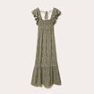 Robe longue évasée smockée vert kaki femme