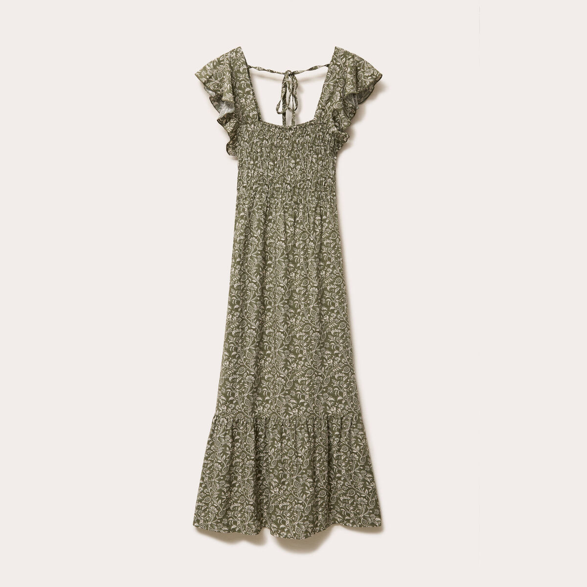 Robe longue évasée smockée vert kaki femme