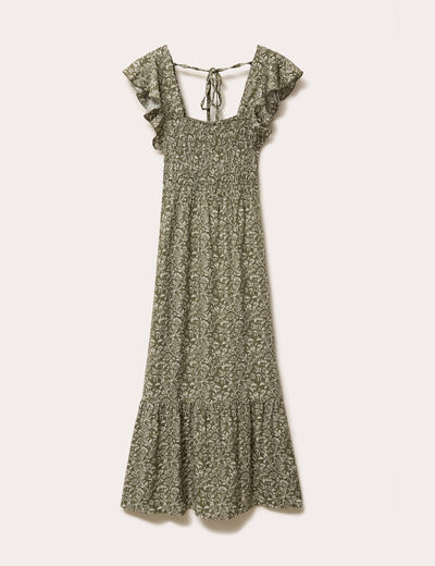 Robe longue évasée smockée vert kaki femme