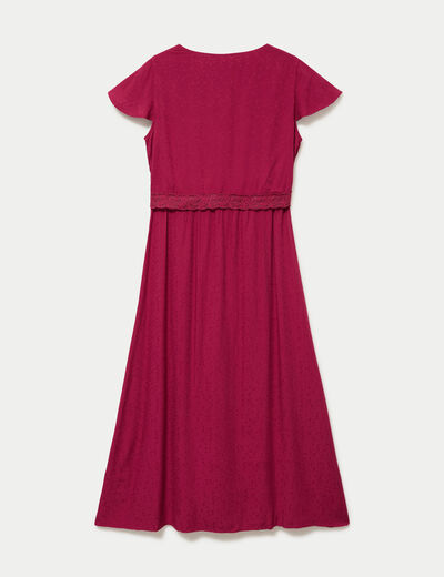 Robe longue droite col v manches courtes rouge femme
