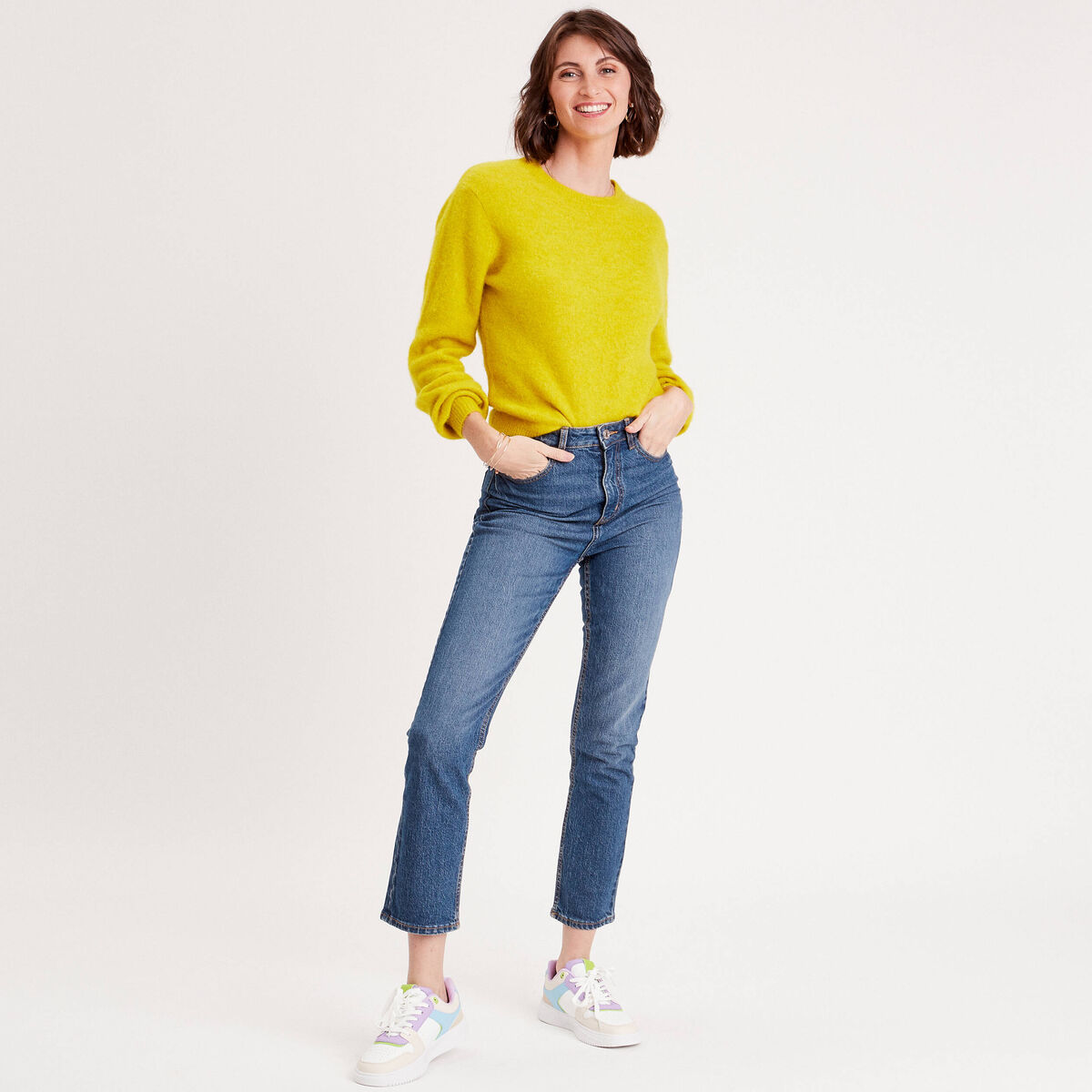 Pull avec col rond jaune or femme