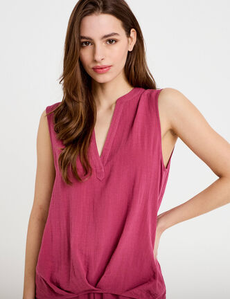 Blouse sans manches col tunisien pliss&eacute; prune femme