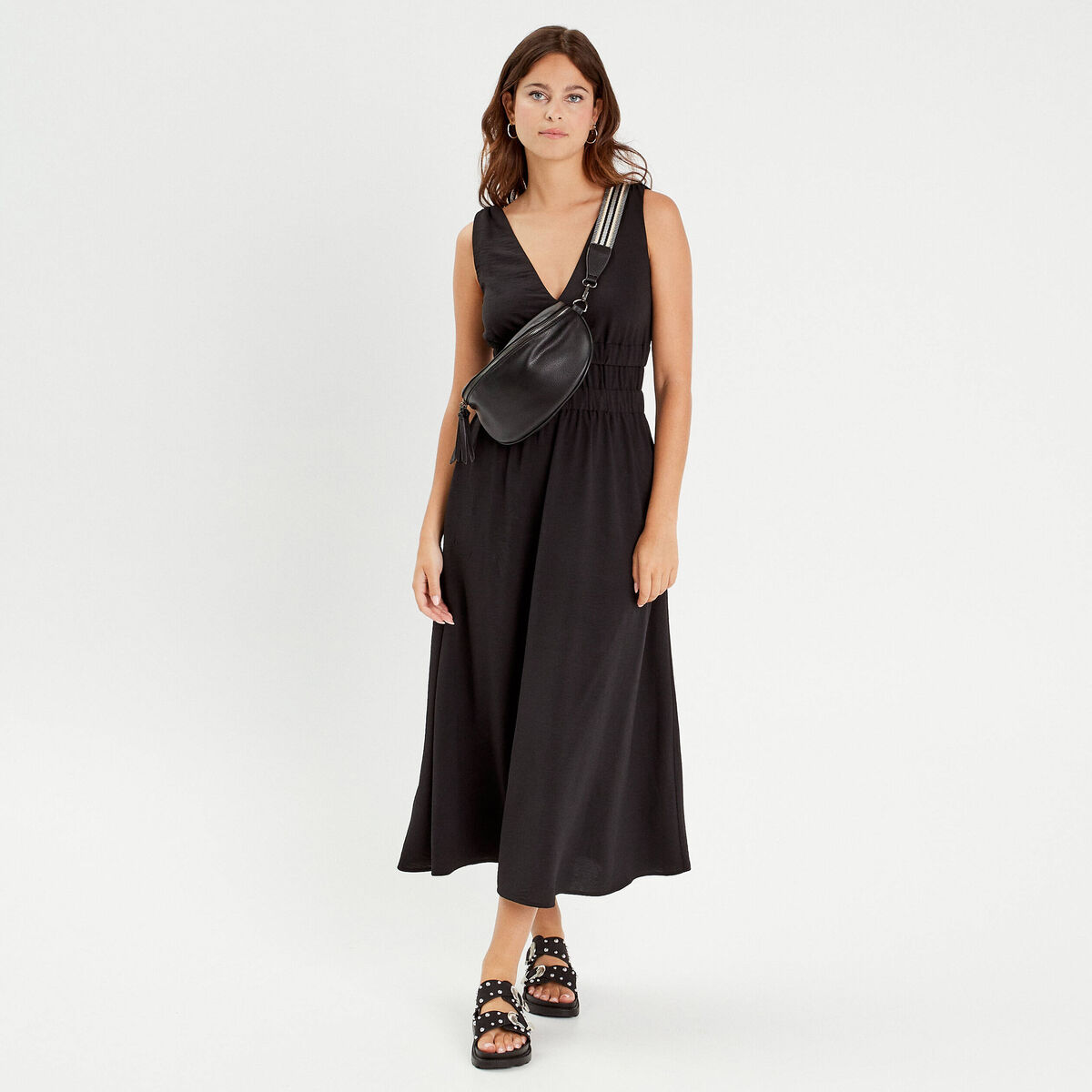 Robe longue évasée noir femme