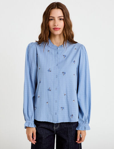 Blouse droite courte broderie bleu femme