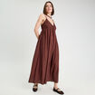 Robe longue évasée bretelles marron cognac femme