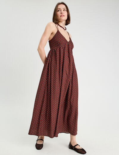 Robe longue évasée bretelles marron cognac femme