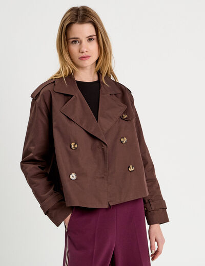 Trench court boutonné marron foncé femme