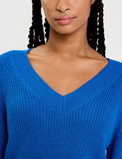 Pull col v manches longues bleu electrique femme