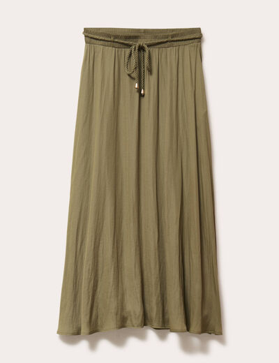 Jupe longue évasée satin vert kaki femme