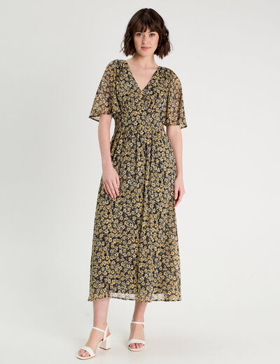 Robe longue évasée col en V jaune femme