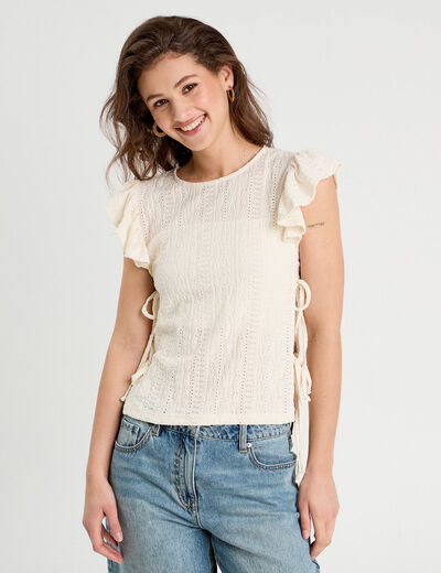 T-shirt brodé avec volants ecru femme