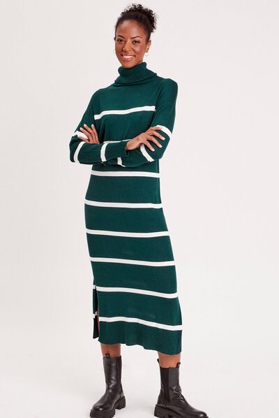 Robe pull longue col roulé vert foncé femme