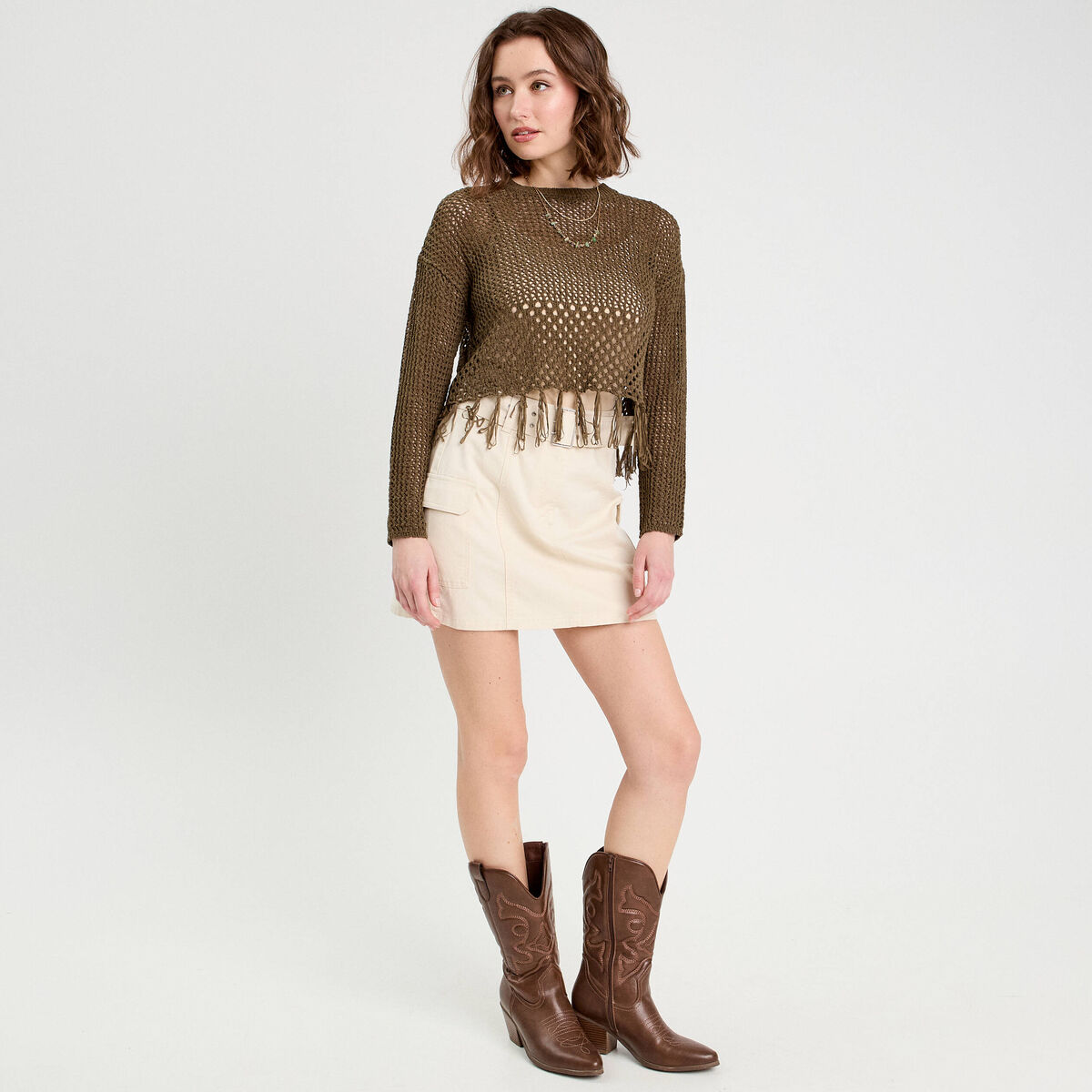 Jupe droite ceinturée ecru femme