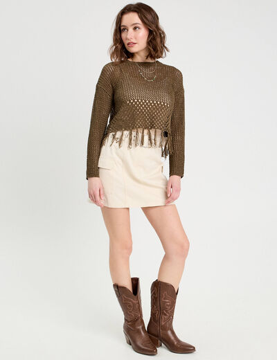 Jupe droite ceinturée ecru femme