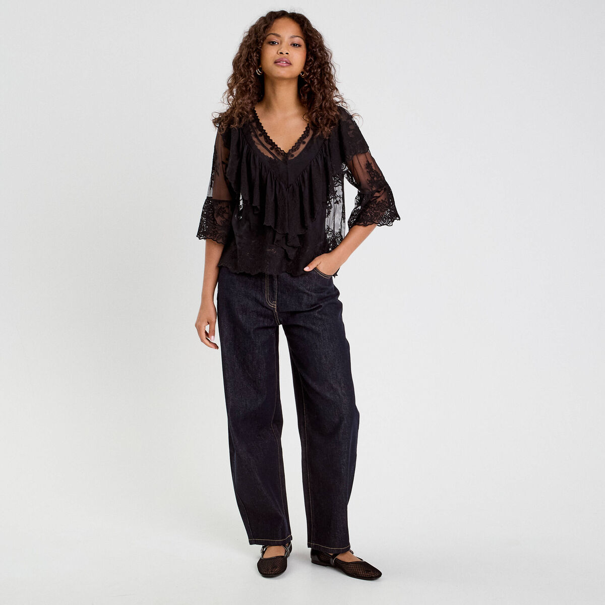 Blouse manches 3/4 dentelle noir femme
