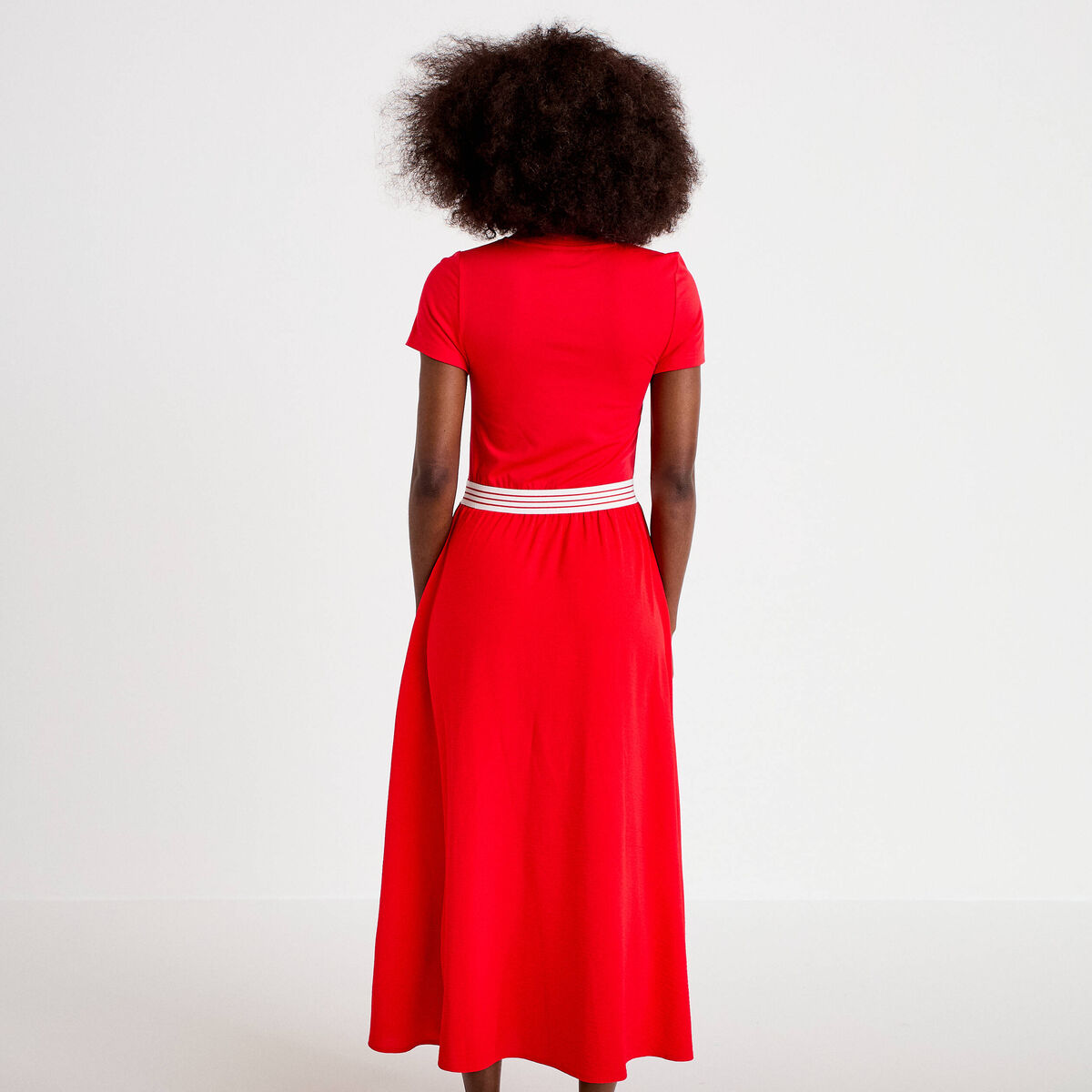 Robe longue &eacute;vas&eacute;e bi-mati&egrave;re rouge femme