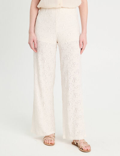 Pantalon large ajouré ecru femme