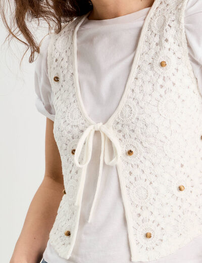 Gilet noué effet crochet ecru femme