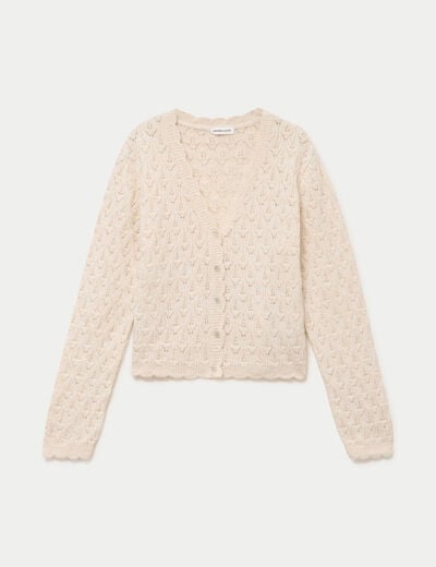 Gilet ajour&eacute; col v manches longues ecru femme