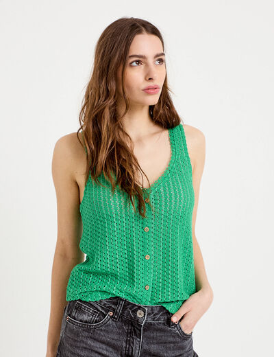 D&eacute;bardeur ajour&eacute; aspect dentelle col v vert femme