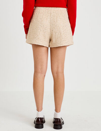 Short large taille haute en tweed ivoire femme