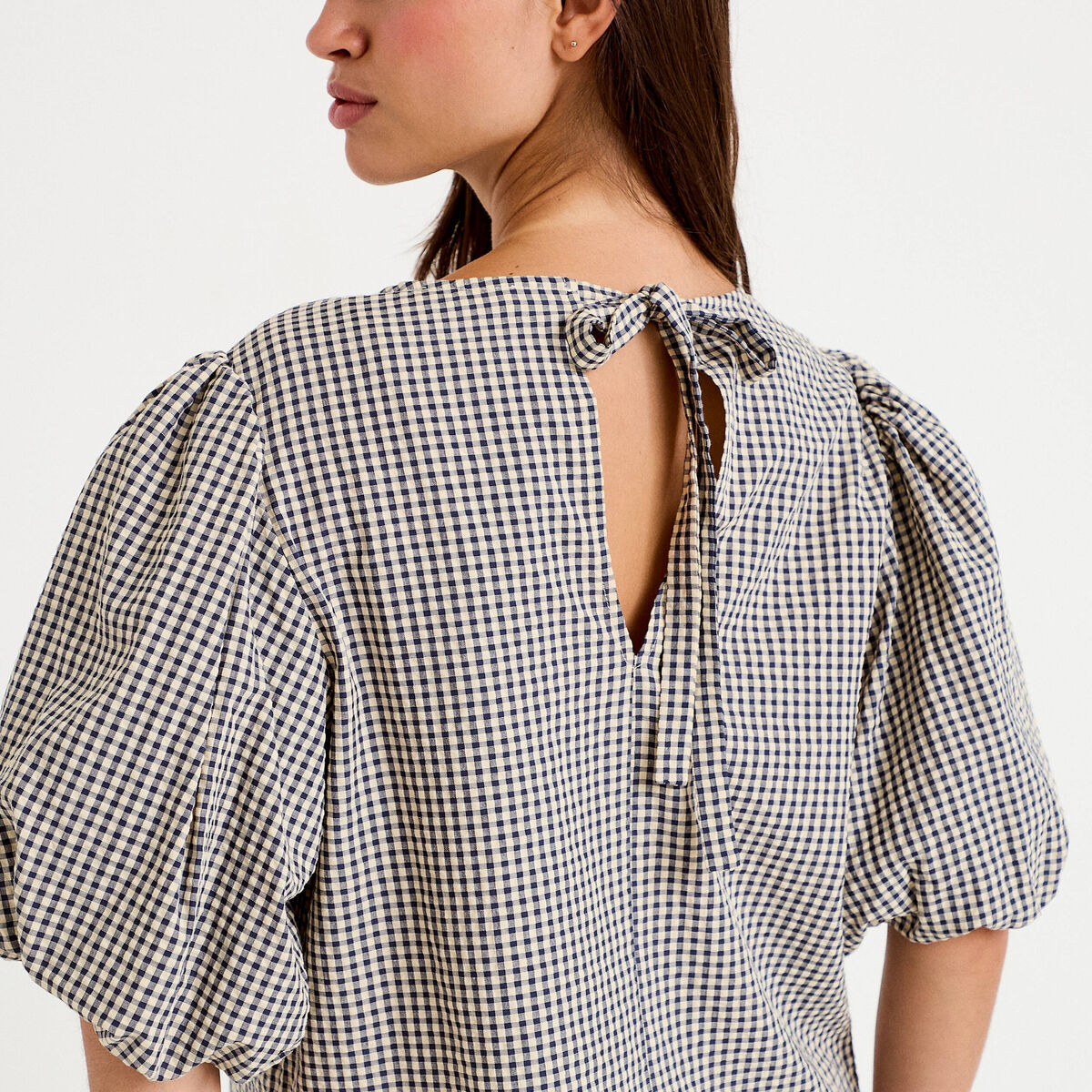 Blouse effet boule manches courtes bleu femme