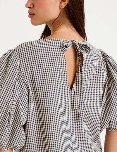 Blouse effet boule manches courtes bleu femme