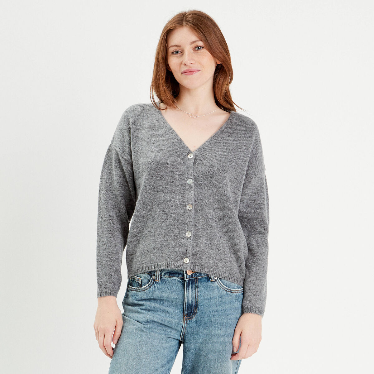 Gilet boutonné avec col en V gris foncé femme