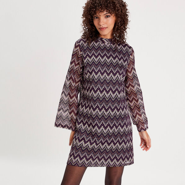 Robe trapèze col montant violet femme